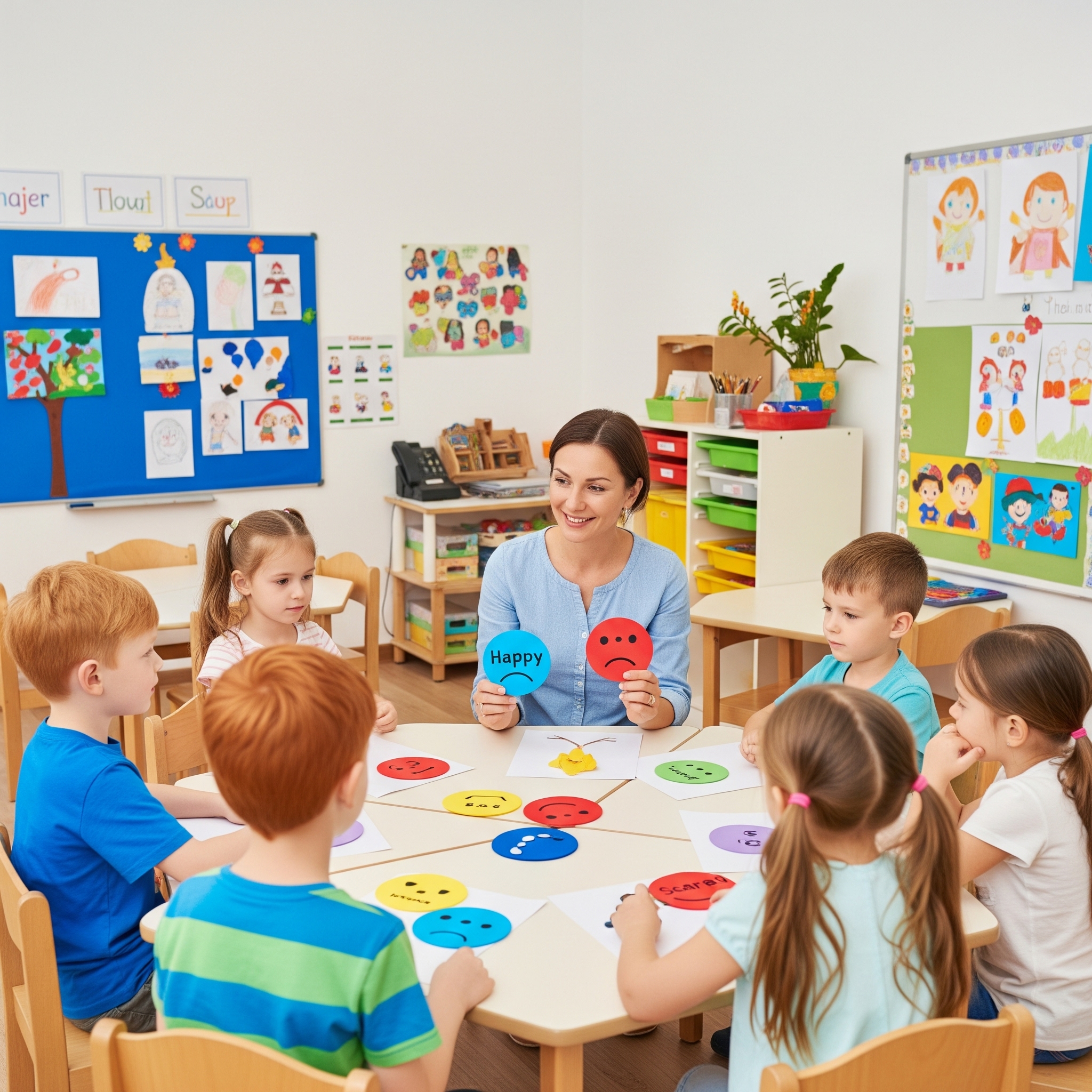 Dzieci siedzące przy stole z nauczycielką, uczestniczące w zajęciach edukacyjnych